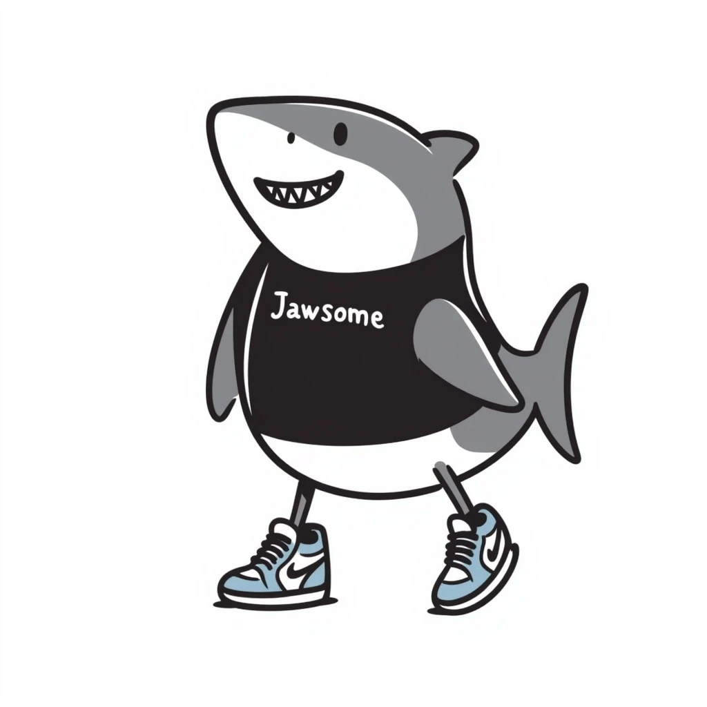 shark with legs wearing light blue Nike sneakers, black line doodle style, white background emoji
