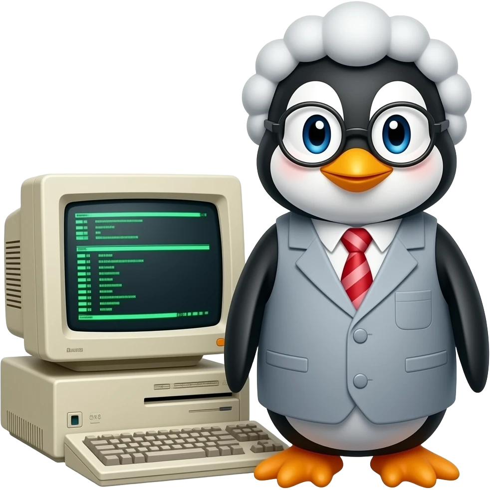mathematician penguin at retro computer emoji