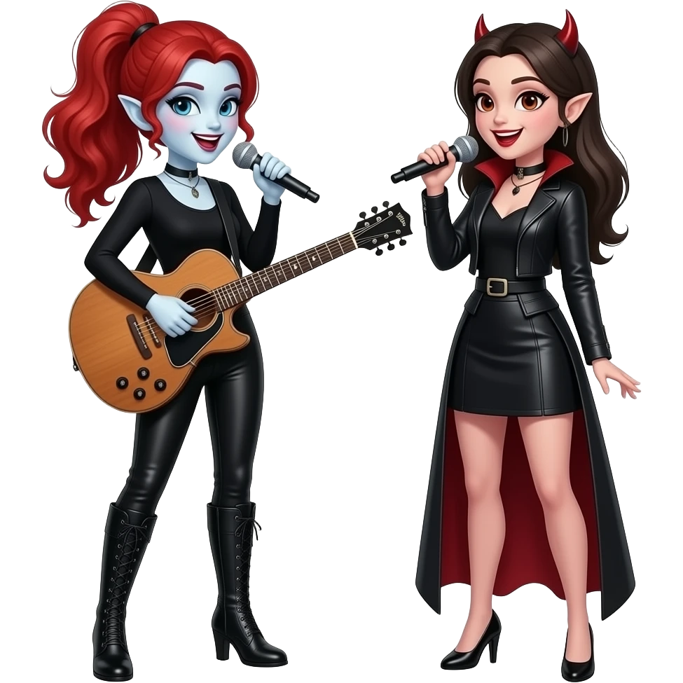 Vampiro femmina ADOLESCENTE con pelle bianca e capelli rosso ondulati lunghi raccolti in una mezza coda che indossa dei pantaloni di pelle neri un top nero con maniche lunghe e degli stivali lunghi con tacco che canta e suona una chitarra di legno e la sua amica VAMPIRA femminancanta e sono felici emoji