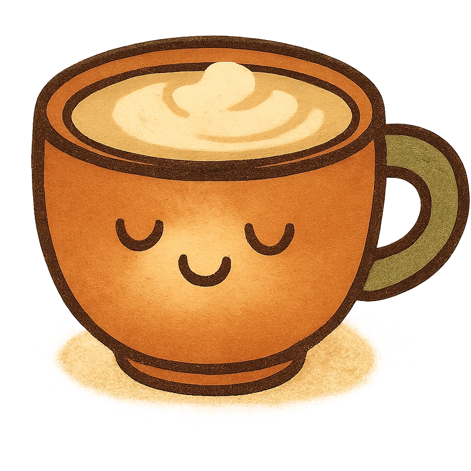 cute cappuccino cup, cartoon style, warm colors, no saucer, friendly expression emoji