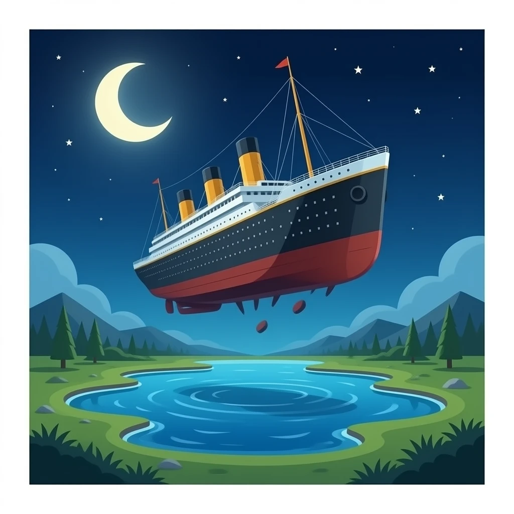 The sunken ship Titanic floats in the night sky above a shallow pool of water emoji