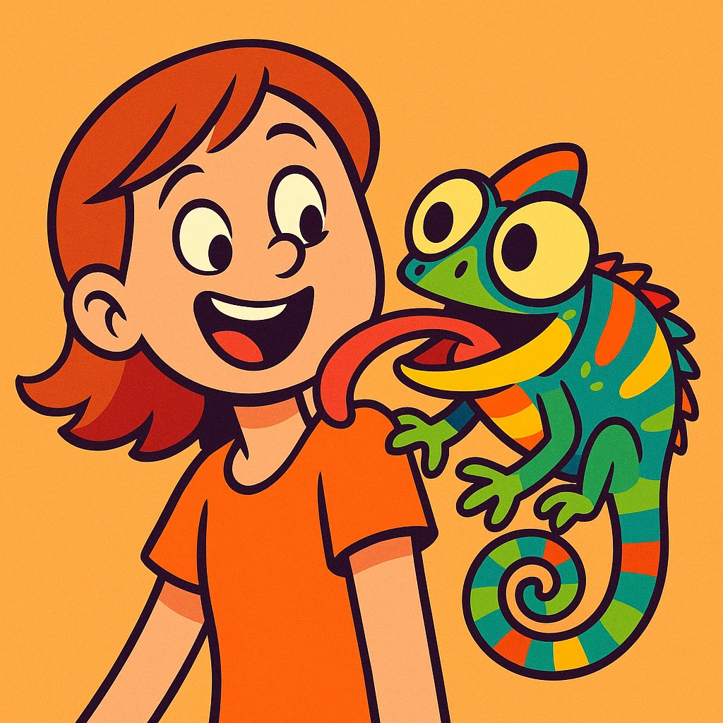 amusing chameleon with exaggerated eyes licking a girl's shoulder, cartoon style, colorful emoji