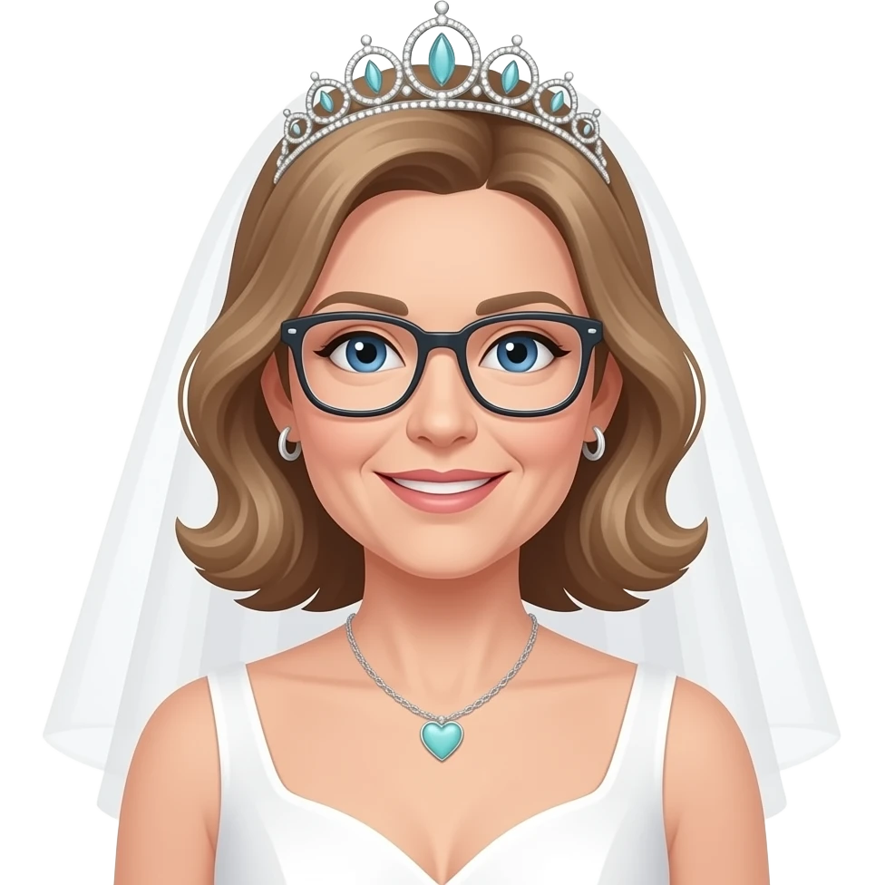 AJM - tiara, wedding dress, woman, blue eyes, mid 40's age, silver small hoop earrings, light brown hair, rectangular glasses, shoulder length wavy hair, small tiffany heart necklace emoji