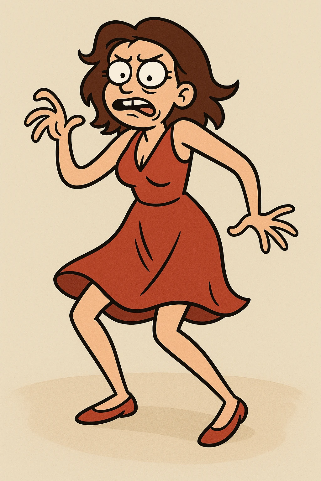 woman in a red dress dancing awkwardly, expressive, fun, simple background emoji