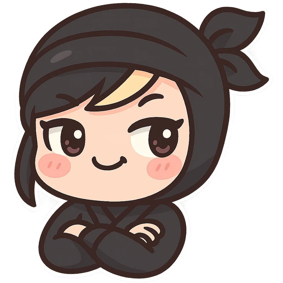 Make the design even more kawaii chibi: super cute, big sparkling eyes, rounder face, smaller mouth, extra soft colors, sexy chibi ninja girl with black short hair and a blonde streak, only head and arms, colorful chibi style, bold outlines, transparent background, no mask, smug grin with a sideways glance and arms crossed, sized for Twitch emoji use. emoji