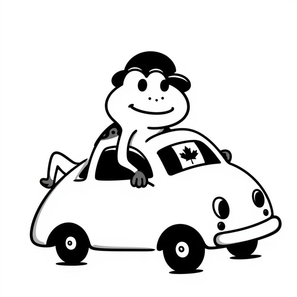 a frog riding a car with a Canadian flag on the windshield, hand drawn doodle style emoji