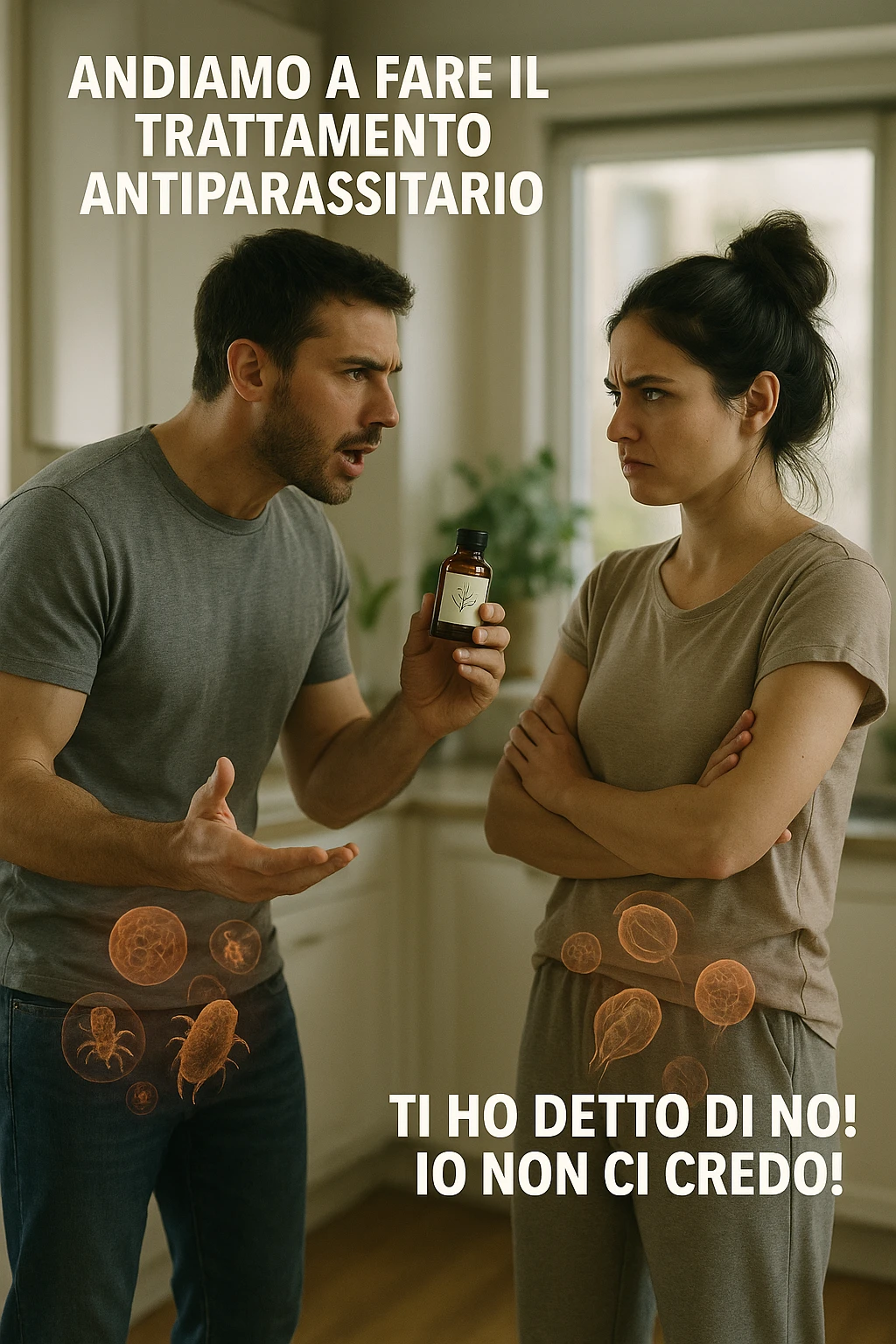A highly realistic, cinematic photo of a young couple in their early 30s having an argument in a bright modern kitchen. The man, athletic build, wearing a casual T-shirt and jeans, is speaking firmly with a raised hand holding a small amber glass bottle labeled with a subtle herbal symbol, saying 'Andiamo a fare il trattamento antiparassitario' with a determined expression. The woman, with long dark hair tied in a messy bun, casual home outfit, crosses her arms with an angry, defensive expression, replying 'Ti ho detto di no! Io non ci credo!' while slightly turning away. Tension is visible in their body language, with the man leaning forward trying to explain and the woman leaning back, her eyebrows furrowed. Around them, subtle ghostly overlays of microscopic parasites are faintly visible near their abdominal areas, symbolizing the hidden reason for the argument. The kitchen is bright and modern with plants and natural light, contrasting the emotional tension. The style is hyperrealistic with warm tones and shallow depth of field focusing on their facial expressions, illustrating the conflict between belief in natural treatments and skepticism within the couple regarding hidden parasitic infections. in italiano emoji