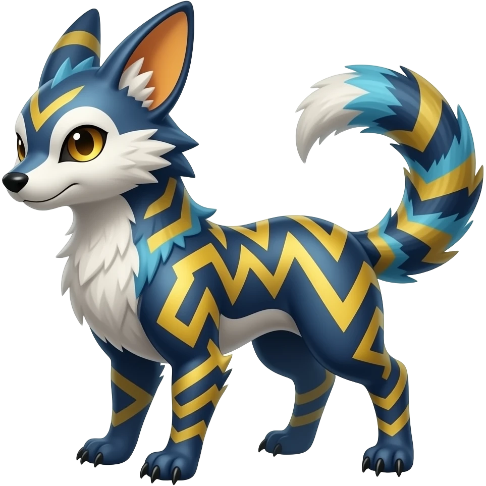 Hyper-realistic cool edgy badass zigzag-striped etched marked elegant Colorful Skilled Adept Graceful Asian Painted Meloetta-Furret-Lycanroc-Zangoose-fusion-hybrid-creature (full body) emoji