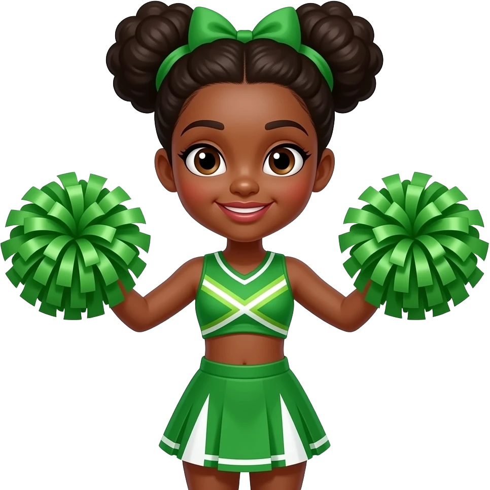 afro girl with two side buns and wear vibrant green cheeleader outfit and pom pom in hands emoji