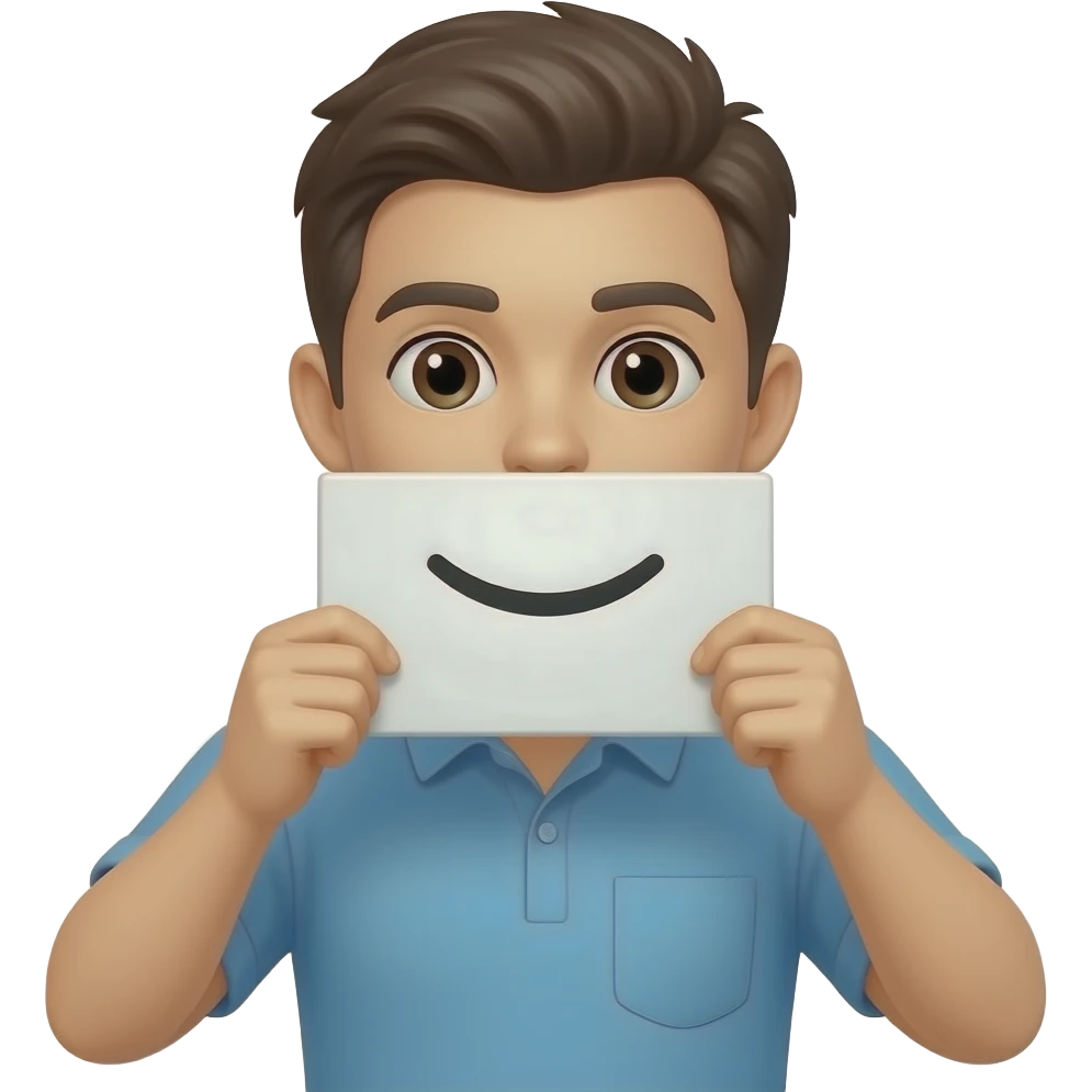 A guy holding up a sign over his mouth that has a smile on it but only the mouth of the smile emoji