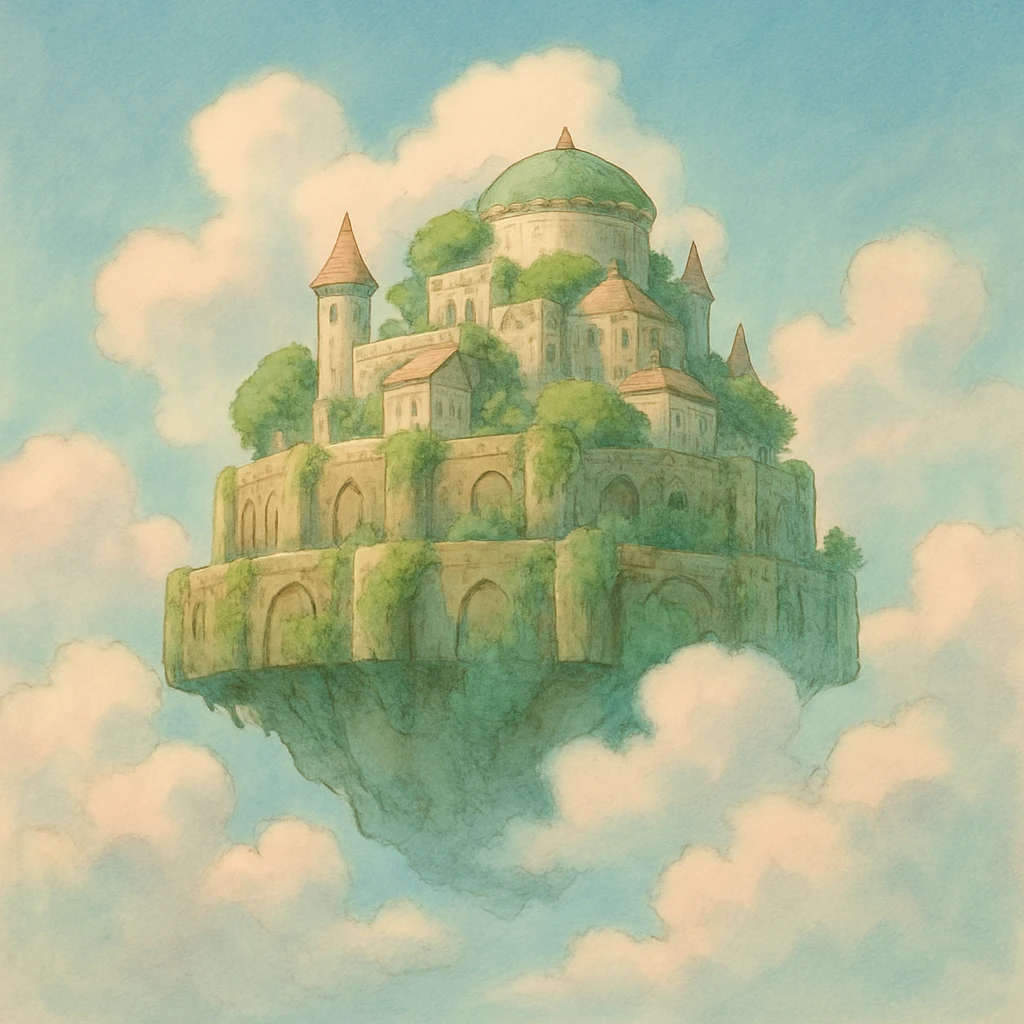 a floating castle with clouds, ghibli style, dreamy, ethereal, soft colors emoji