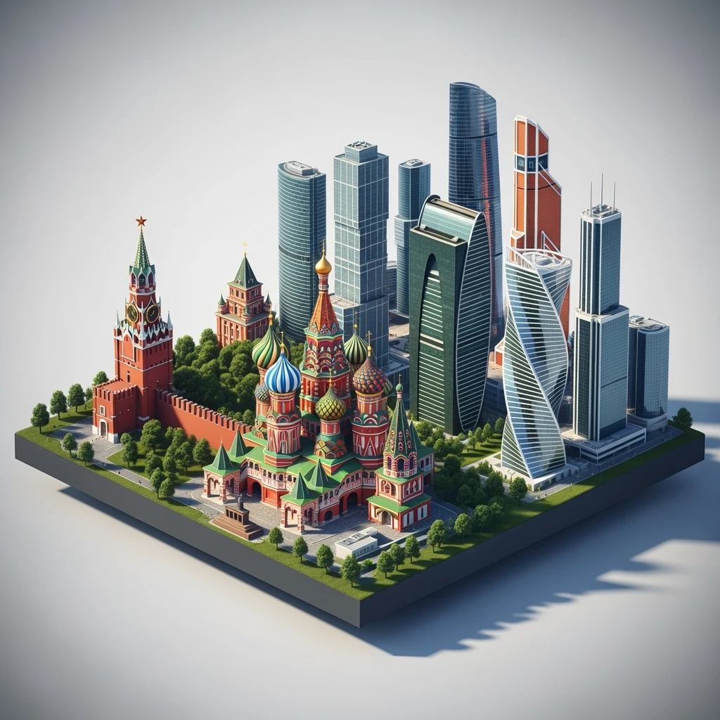 Изометрическая фотореалистичная иллюстрация-модель Москвы с Кремлем с Храмом Василия Блаженного и Сити, баланс между стилизацией и реализмом, эффект миниатюры, прозрачный фон emoji