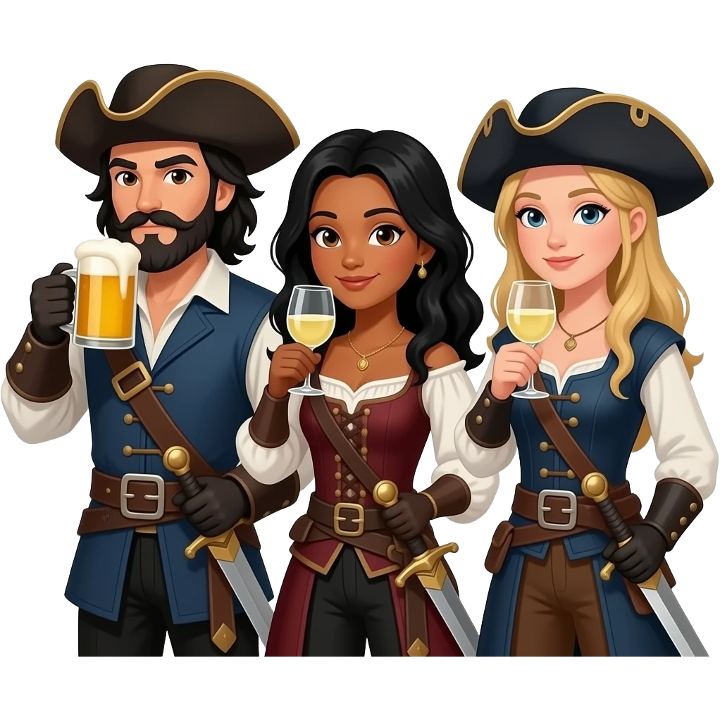 Three musketeers with swords and hats. One guy with black hair, beard and dark brown eyes, one girl with black hair and tanned skin and one girl with blond hair. The guy is drinking beer and the girls white wine. emoji