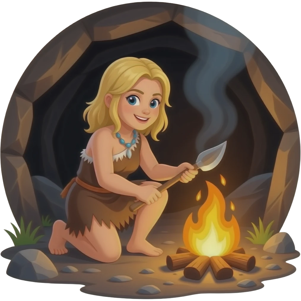 blonde cavewoman making fire emoji