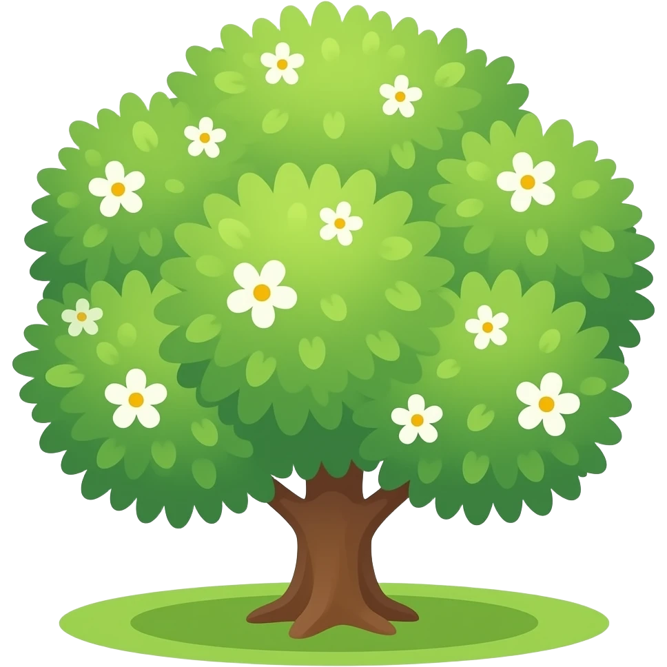 Apple-style blooming tree, round soft green canopy. No pot, no ground — only the tree. Small white and yellow flowers inside the leaves. Flat 2D vector, clean shapes, no gradients. emoji