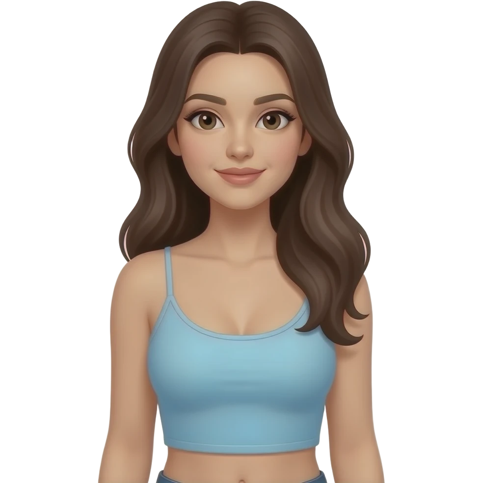 A woman in a very short cropped thin straps tank top. Nipples revealed emoji