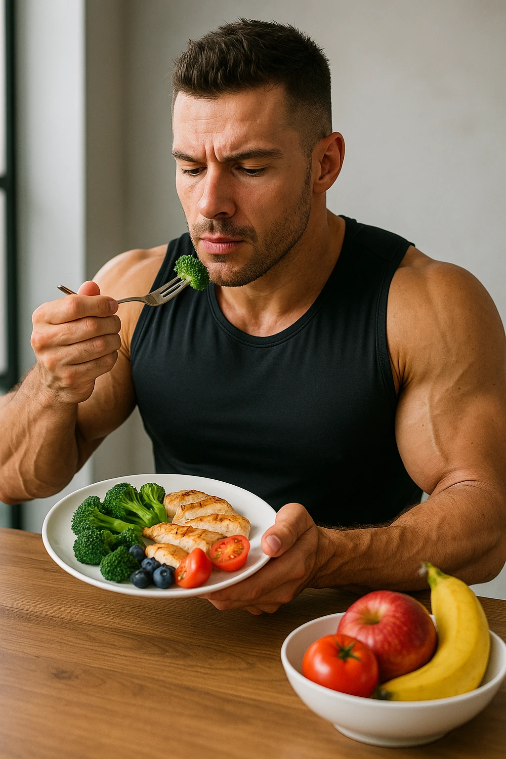 "Un uomo bodybuilder (30-35 anni) che migliora la sua composizione corporea e mangia sano emoji