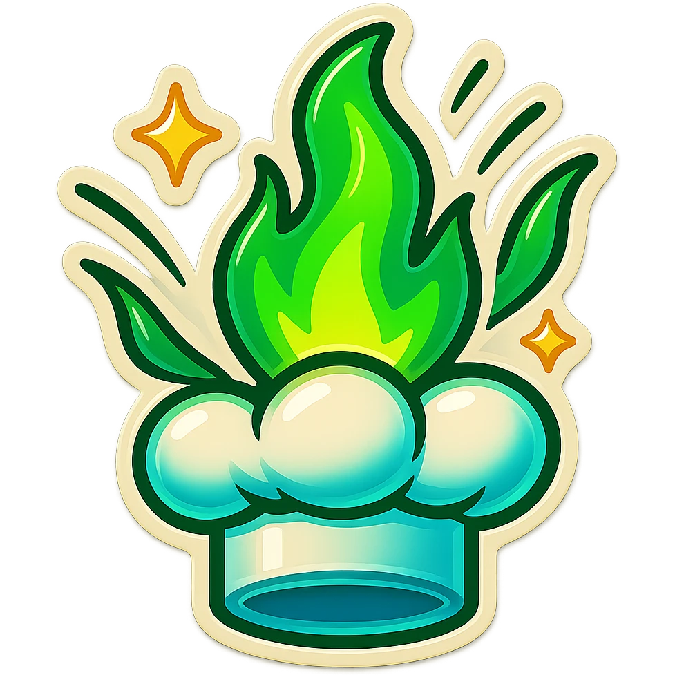 chef's hat explode with trails of fires, emoji, playful, magic flame green gradient, vibrant, flame matching style reference file emoji
