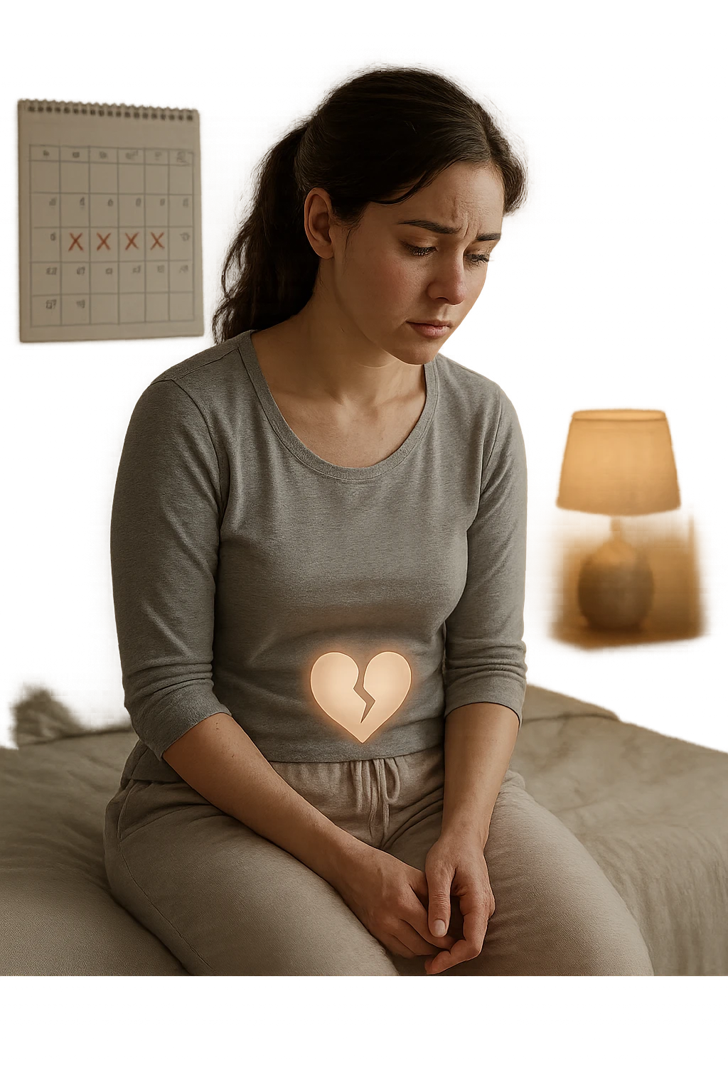 3D realistic medical illustration: a young woman in her 20s or 30s sits on the edge of a bed in a softly lit bedroom, looking thoughtful and slightly concerned. She wears comfortable loungewear, her posture is slouched, and her expression is subdued. Subtle visual cues—such as a faded calendar with missed menstrual cycles and a dimmed heart or energy icon near her abdomen—symbolize low libido and amenorrhea. The scene is realistic, intimate, and empathetic. emoji