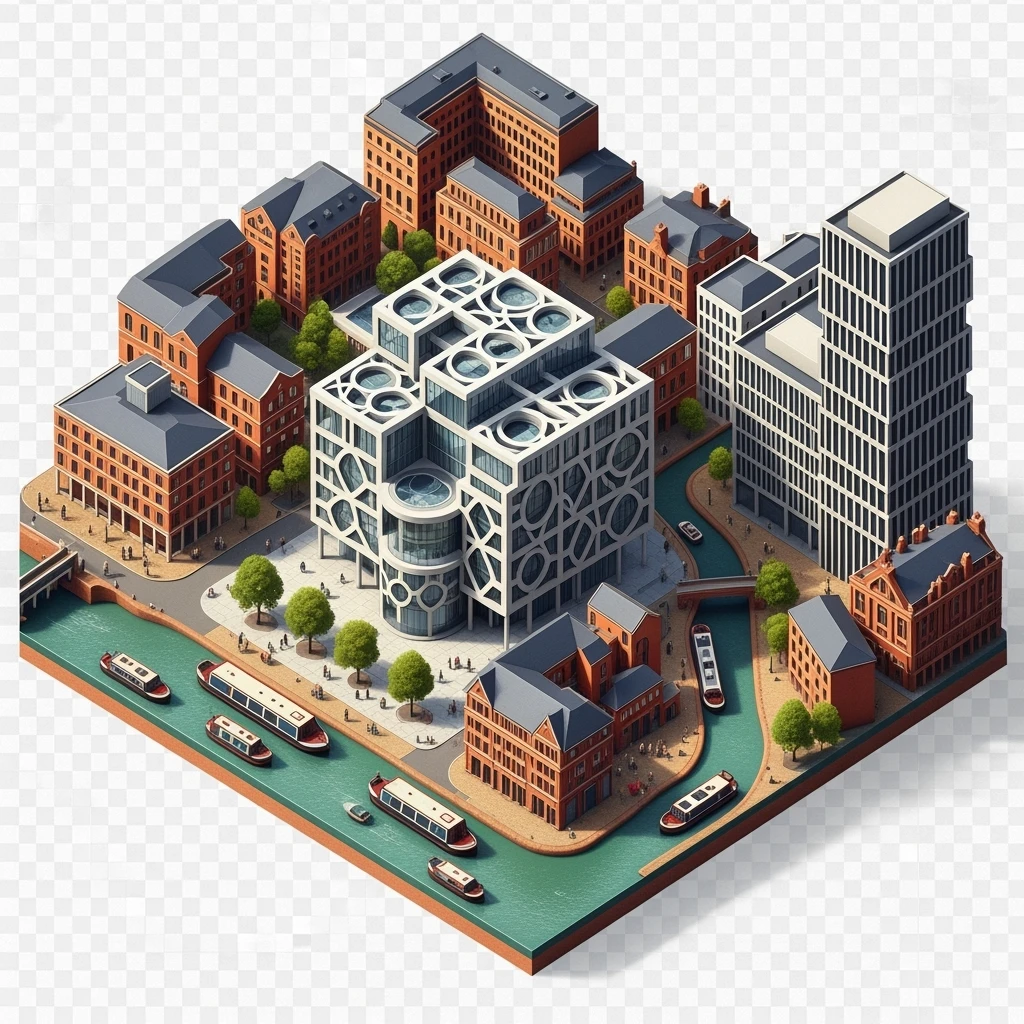 Isometric illustration of Birmingham, featuring the Library of Birmingham with its modern architecture and nearby canals, highly detailed in semi-realistic style, balanced between stylized and realistic, 3D miniature effect, transparent background. emoji