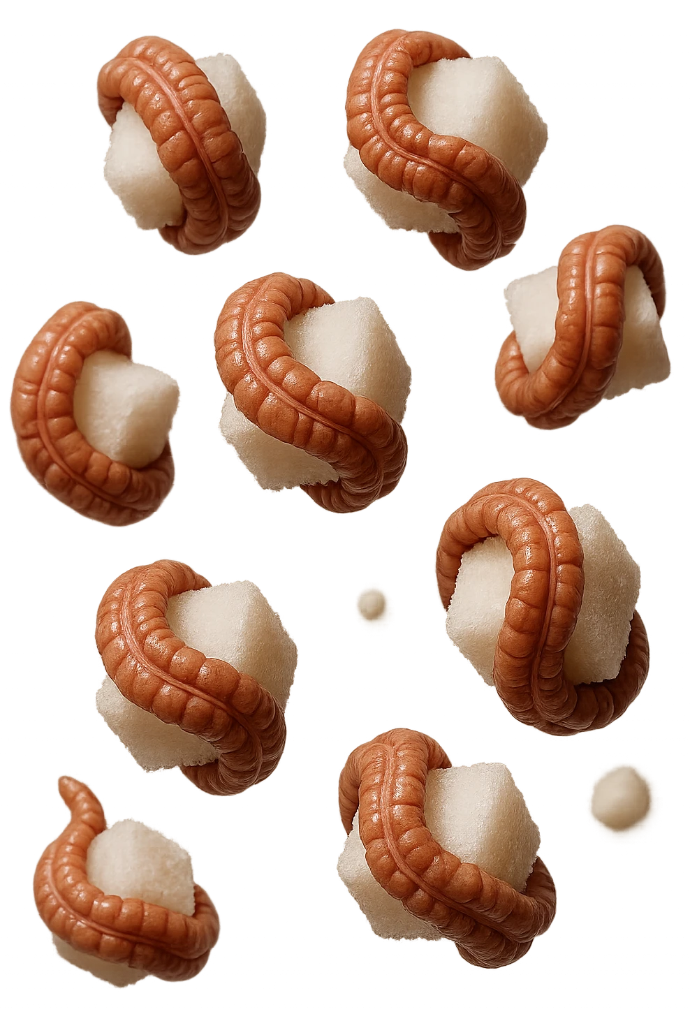 zollette di zucchero fluttuano in aria con pezzi di colon arrotolati intorno ad ogni zolletta, iperrealistico 4k emoji