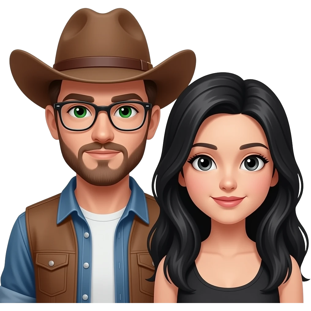Vaquero con sombrero, quítale los anteojos, con ojos verdes, güero y con barba cerrada, con su novia de cabello largo negro y ojos negros. emoji