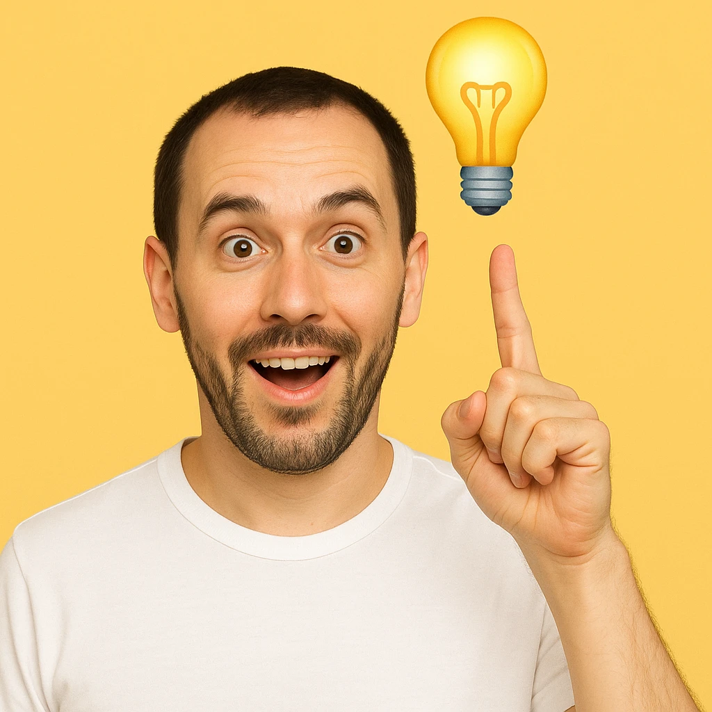 Based on these photos, make an emoji with facial features preserved, man in white t-shirt, got an idea, light bulb over head emoji