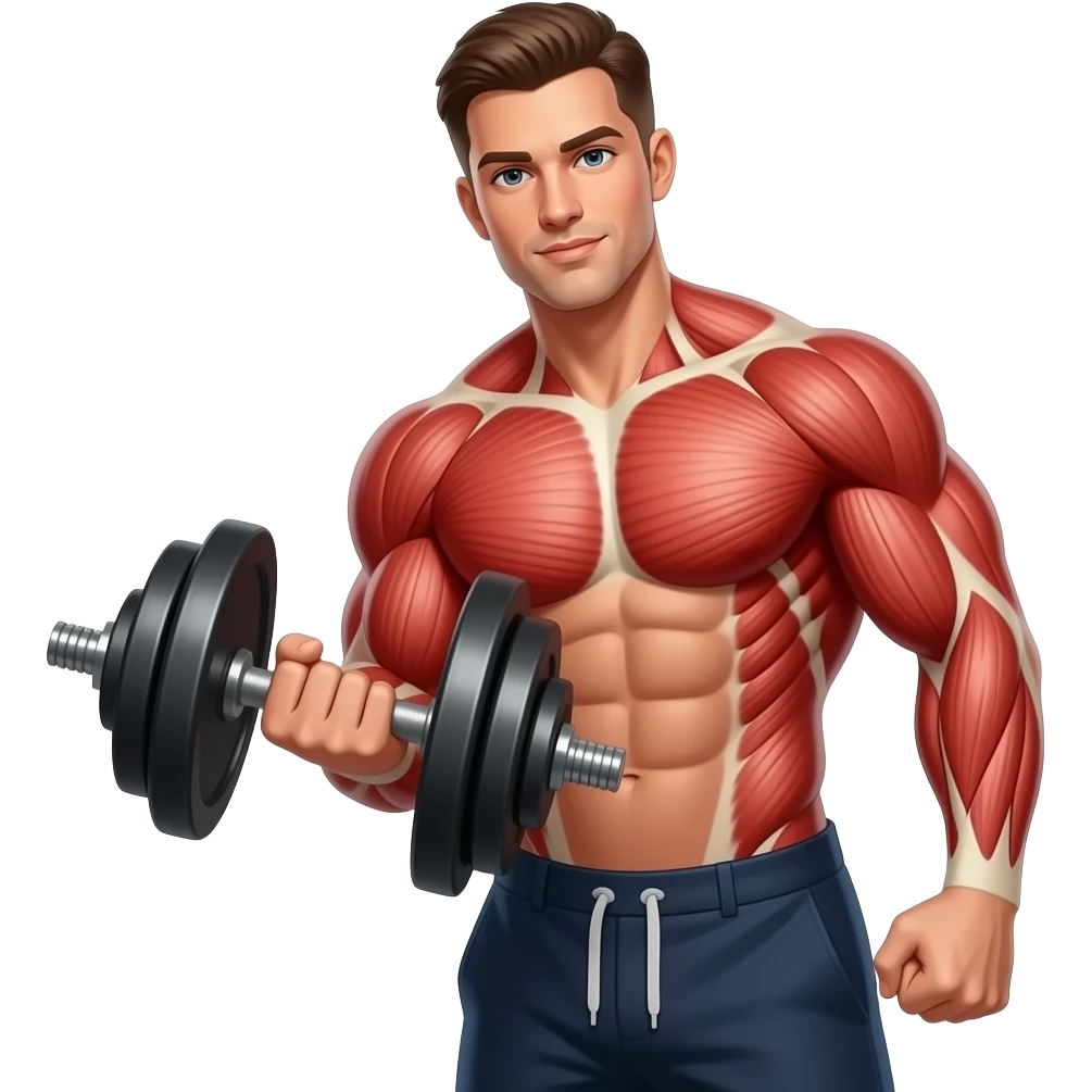 a shirtless buff man doing a Dumbbell Row with red over the places being excercised emoji