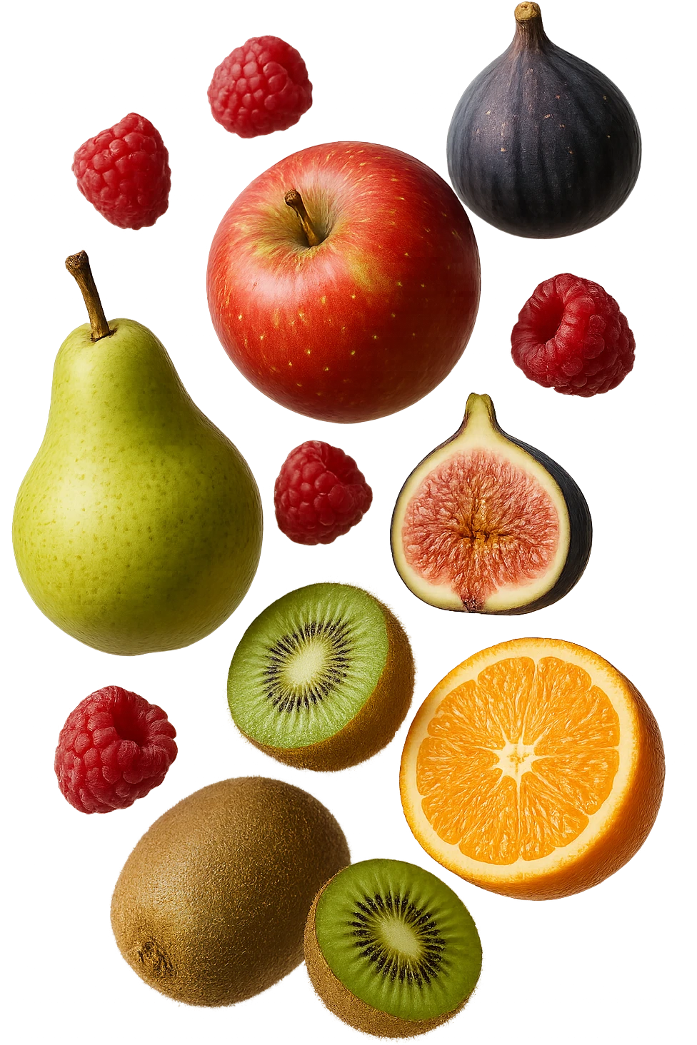 Pere, mele, lamponi, fichi, kiwi, arance FLUTTUANO IN ARIA, IPERREALISTICO 4K emoji