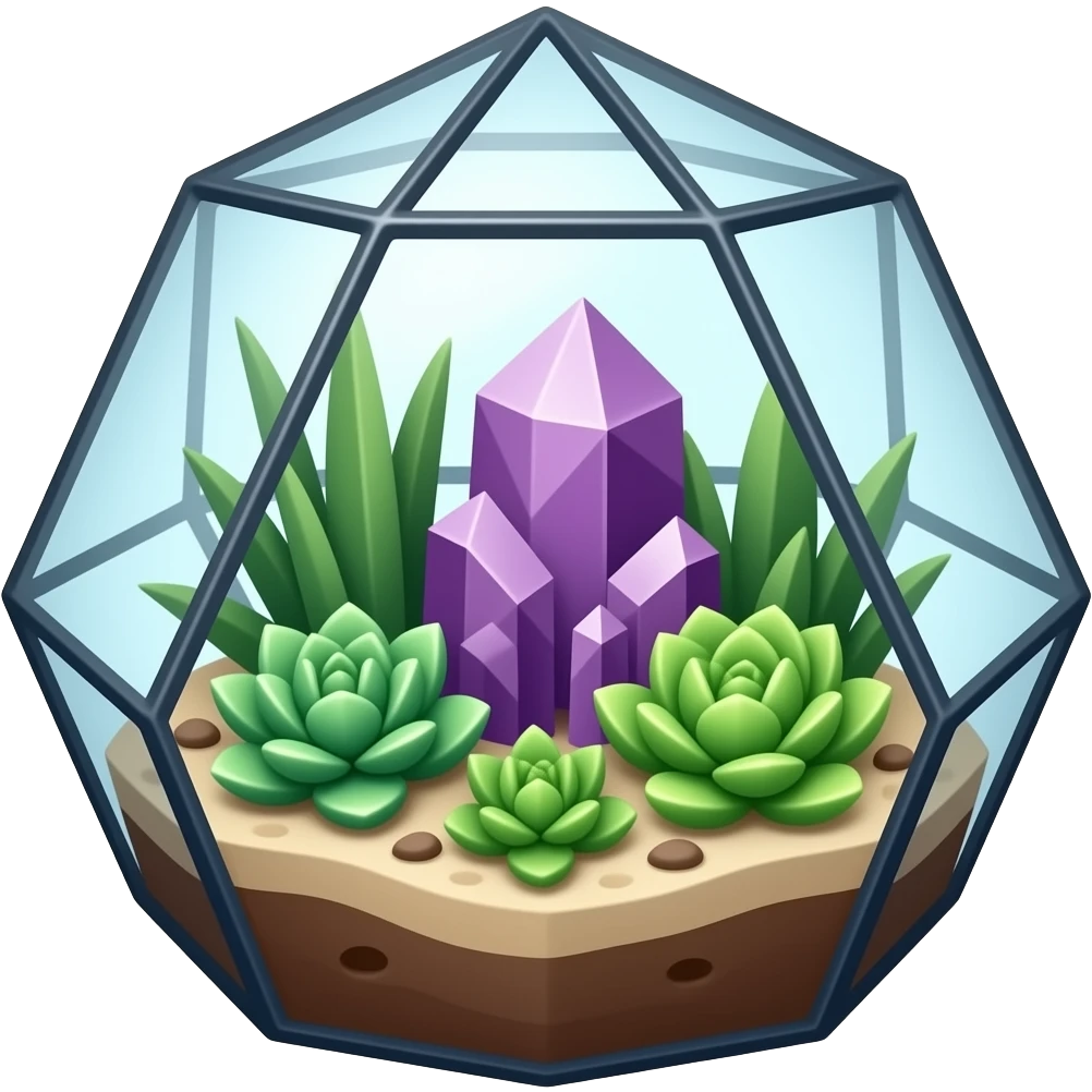 Mini succulents geometrical terrarium with amethyst cluster inside emoji