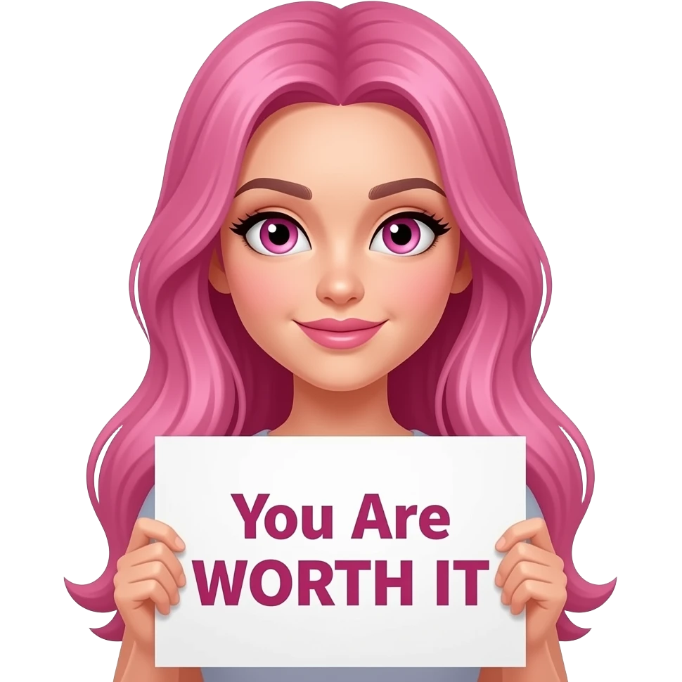 sexy girl with long pink hair and pink eyes holding You Are WORTH IT sign emoji