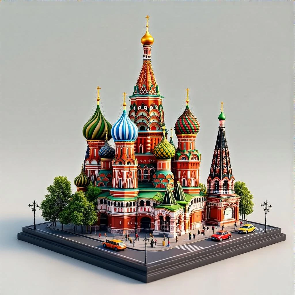 Изометричная миниатюрная фотореалистичная 3D модель Москвы на подставке - Кремль, собор Василия Блаженного, Башни Москва-Сити, четкая детализация, яркие цвета, мультяшный реализм, люди, автотранспорт и метро, компактная композиция, вид сверху в изометрии, прозрачный фон emoji