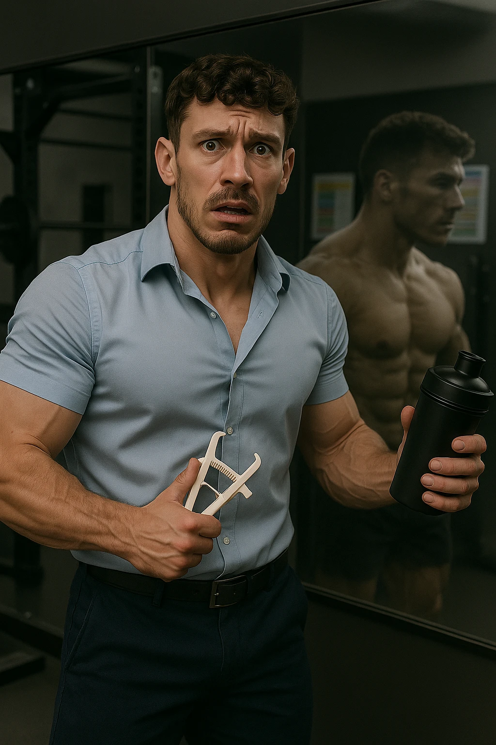a fit man in his 30s stands in front of a gym mirror, flexing his muscles with a concerned expression. In one hand, he holds a caliper measuring his body fat, while in the other, a protein shaker. Reflected in the mirror, his muscular physique appears slightly faded around the edges, symbolizing his fear of losing muscle. The background shows gym equipment and nutrition charts, emphasizing his focus on definition. emoji