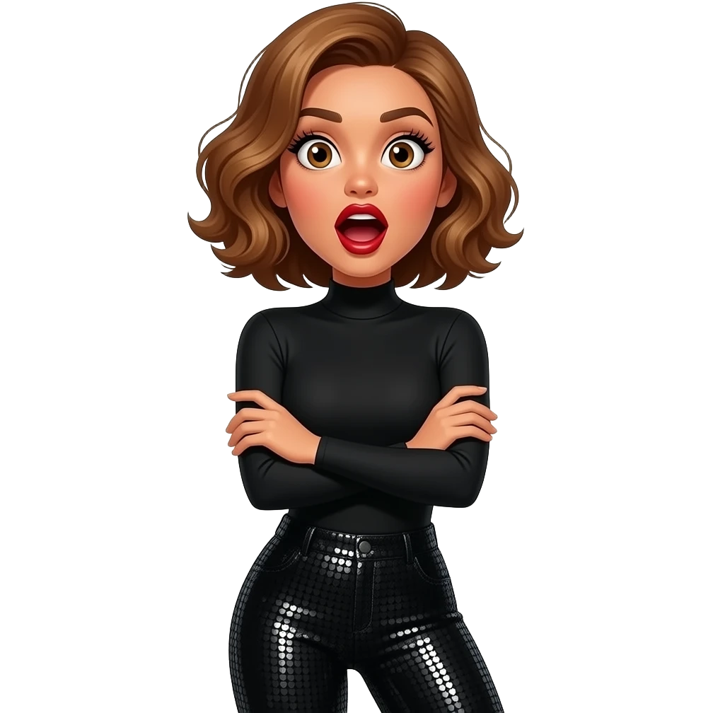 glamours,-tanned,-very-beautiful-woman-with-big-plump-red-lips,-long-long-lashes,-honey-silky-very short- hair,-wavy-hair,-hazel-eyes- wearing-black-Long-sleeved-bodysuit-and-black-sequinned-pants-eyes-wide-open-look-of-surprise-and-mouth-open-round- wide-arms-crossed-throwing head back-waist-up emoji