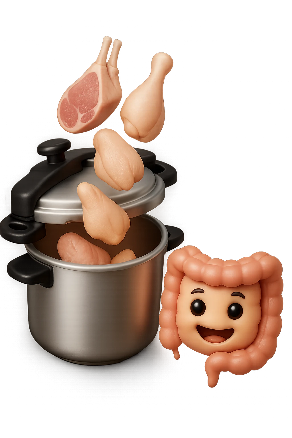 emoji stile iphone in 3d di una pentola a pressione dentro cui cadono agnello, pollo, tacchino crudi e un intestino umano felice da cuocere, iperrealistico 4k emoji