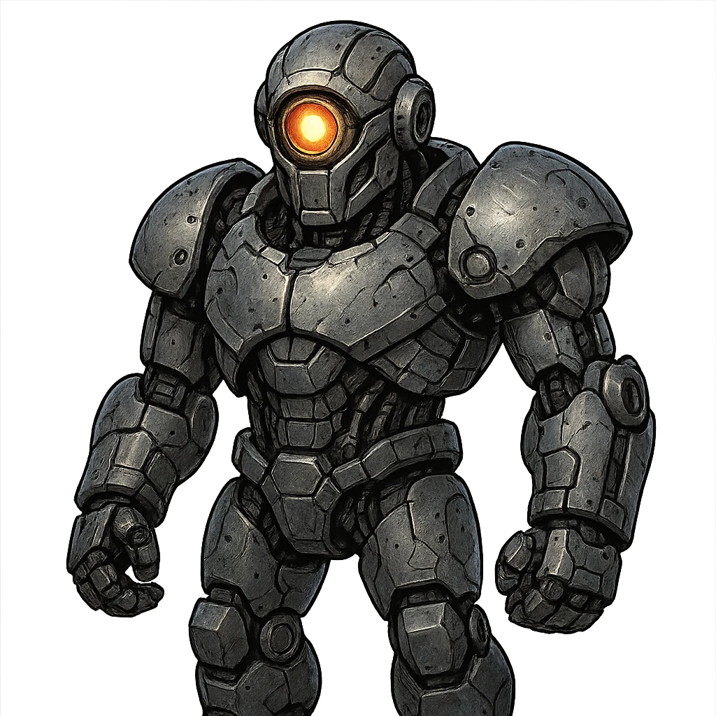 Cyclops, robotic, metallic features, glowing eye emoji