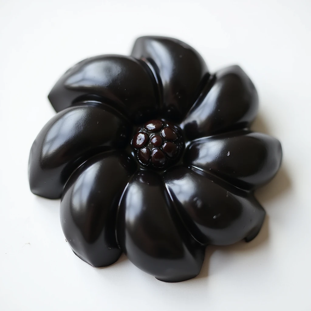 realistic black candy shaped like a flower, photorealistic style emoji