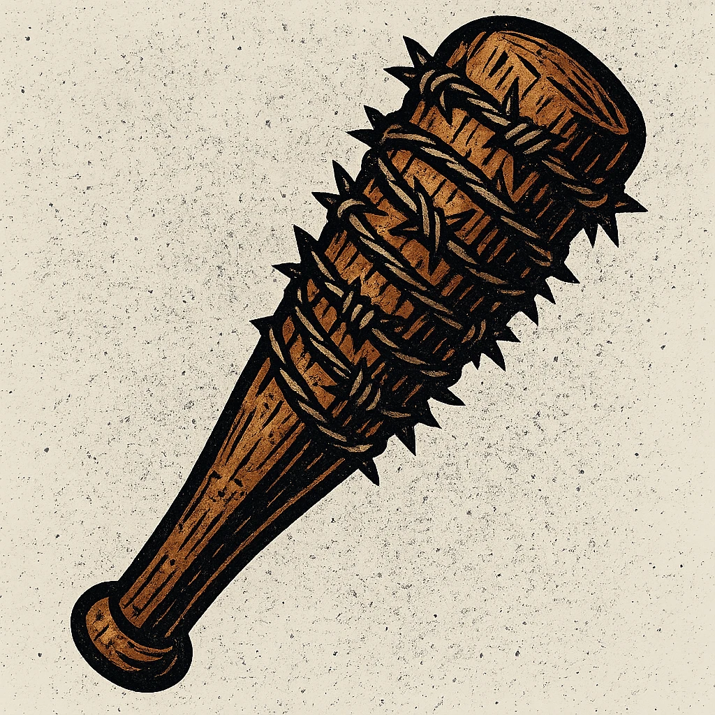 Stylized icon of a barbed wire-wrapped baseball bat, evoking Lucille, with a gritty, comic book feel, transparent background emoji