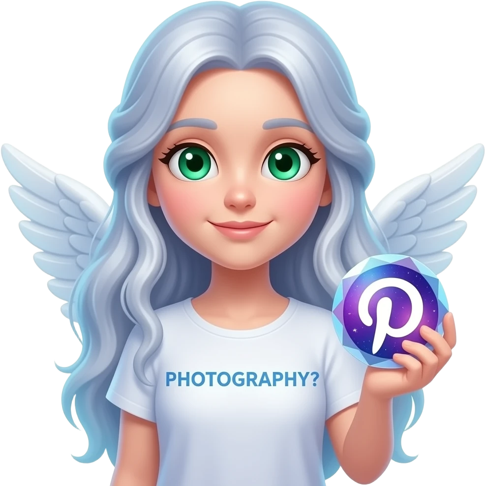 An ethereal emerald eyes, glowing hair, angel, hand made of starlight holding a crystalline Pinterest logo on right hand, looking at viewer. A glowing, bokeh text: 'PHOTOGRAPHY?' on the bellow left hand. Glowing nebula colors, isolated on white, bold 3D icon emoji
