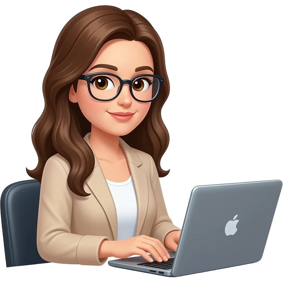 woman with long brown hair and brown  eyes working behind her laptop with glasses emoji