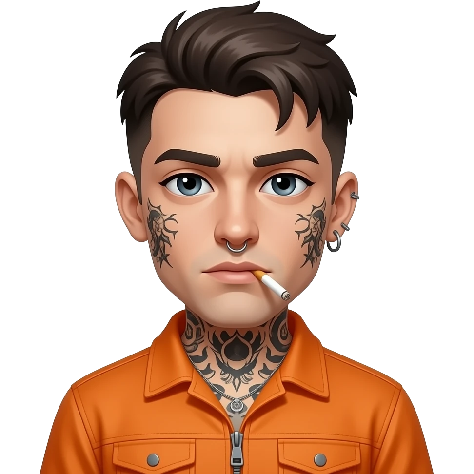 Multiple facial tattoos short dark brown hair  wearing an orange jumpsuit smoking a cigarette With a nose hoop and a face dermal piercing emoji