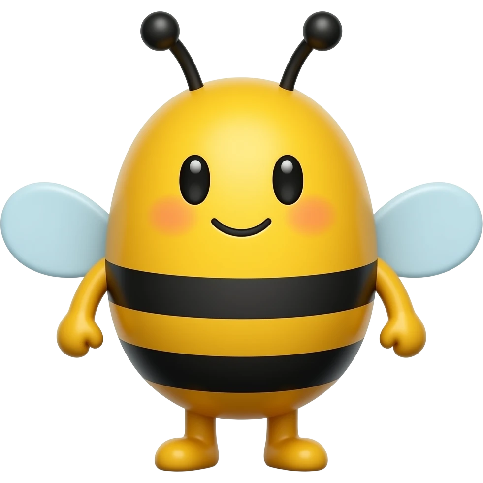 buzz bee mascot, minimal oval body with two stripes, tiny wings as arms, bold uniform outline, smooth clean vector, brand mascot style, simple expressive face, centered composition, thick white sticker outline, high contrast, consistent character design, no extra details emoji