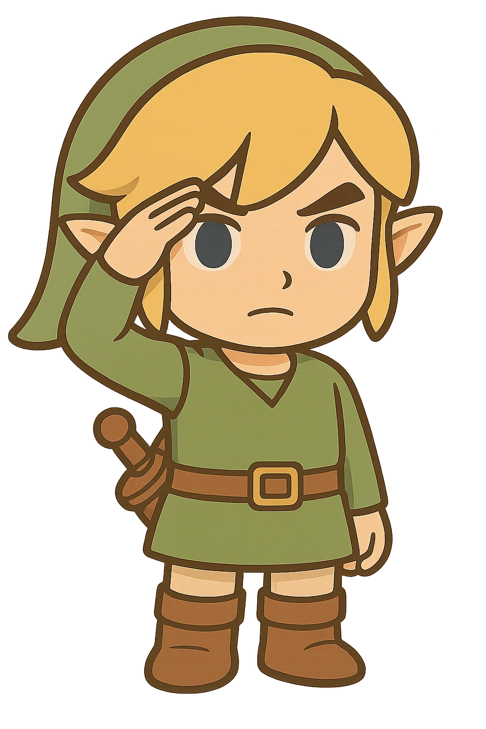 Link performing a military salute with right hand on forehead, serious expression, no text, chibi style, transparent background. emoji
