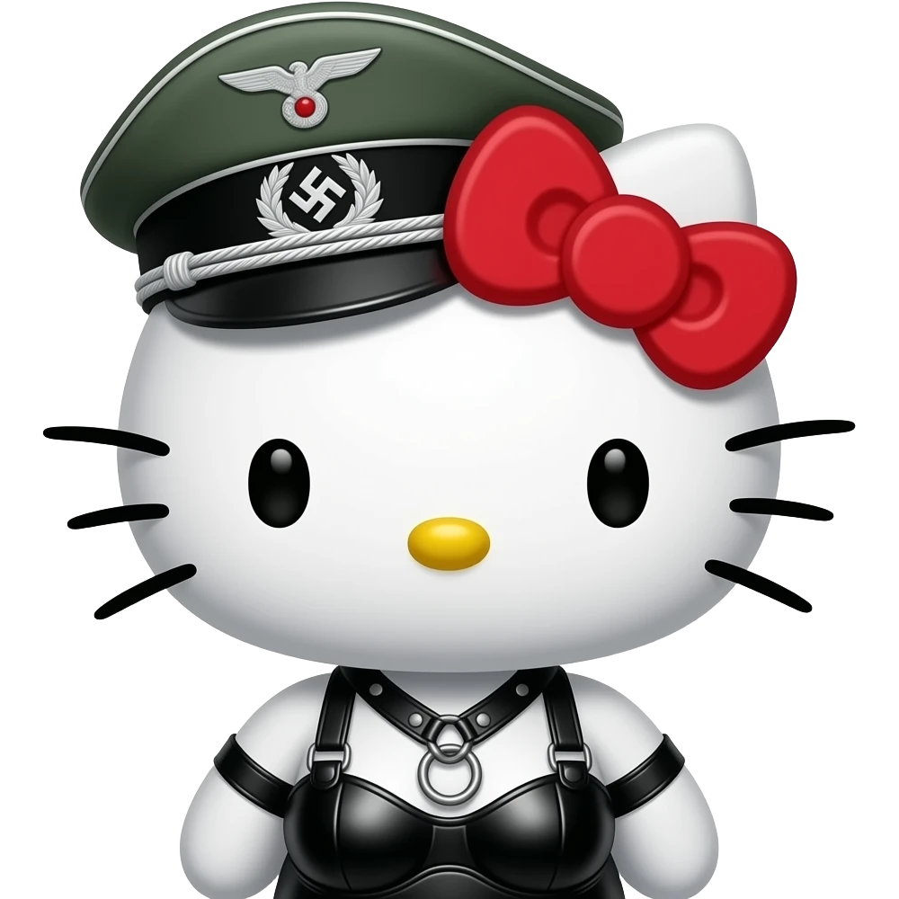 hello kitty representada como Dominatrix BDSM fetichista vestida de latex ajustado y O-ring harness, gorra militar estilo de las SS alemana, no simbologia nazi, emoji