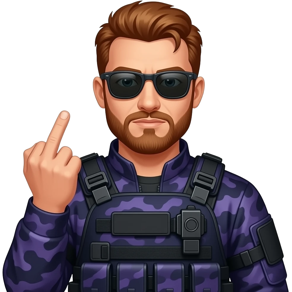 Man with reddish brown hair a five o clock shadow beard sunglasses and dark purple camoflage tactical gear giving the finger emoji