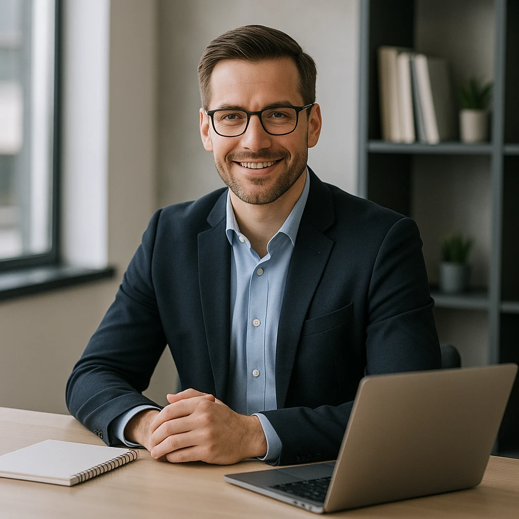 A 35-year-old male business coach sitting at a desk with a laptop, professional and modern style emoji