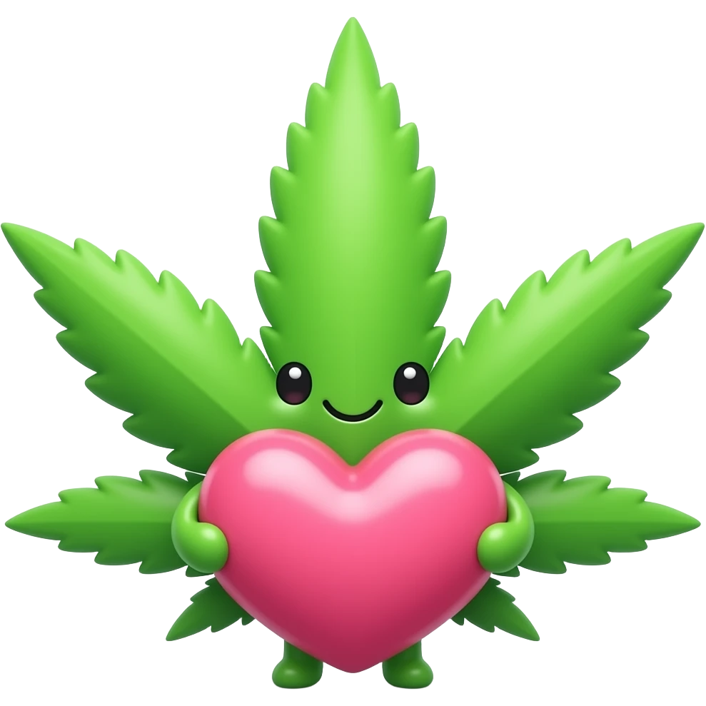 kawaii weed leaf with a cute face holding a big huge heart that he can barely carry emoji