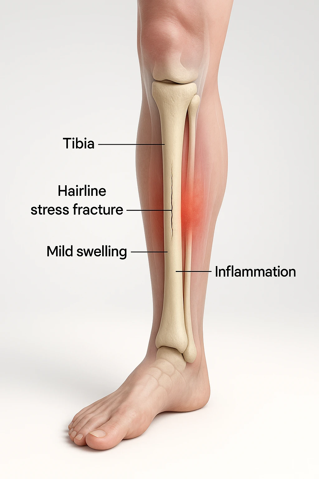 3D realistic medical illustration: a close-up of a human lower leg (tibia), showing the bone with a visible hairline stress fracture. The surrounding soft tissue is semi-transparent, highlighting mild swelling and inflammation. Educational labels point to the fracture site. The background is clean and clinical, with a subtle gradient. emoji