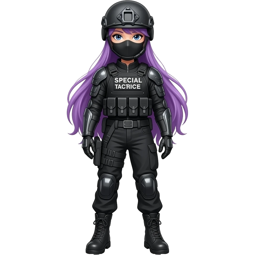 sexy girl with long purple hair wears a SPECIAL TACTICS FORCE medical OUTFIT BLACK FATIGUE AND COMBAT BOOTS PLATE with a helmet and a mask emoji
