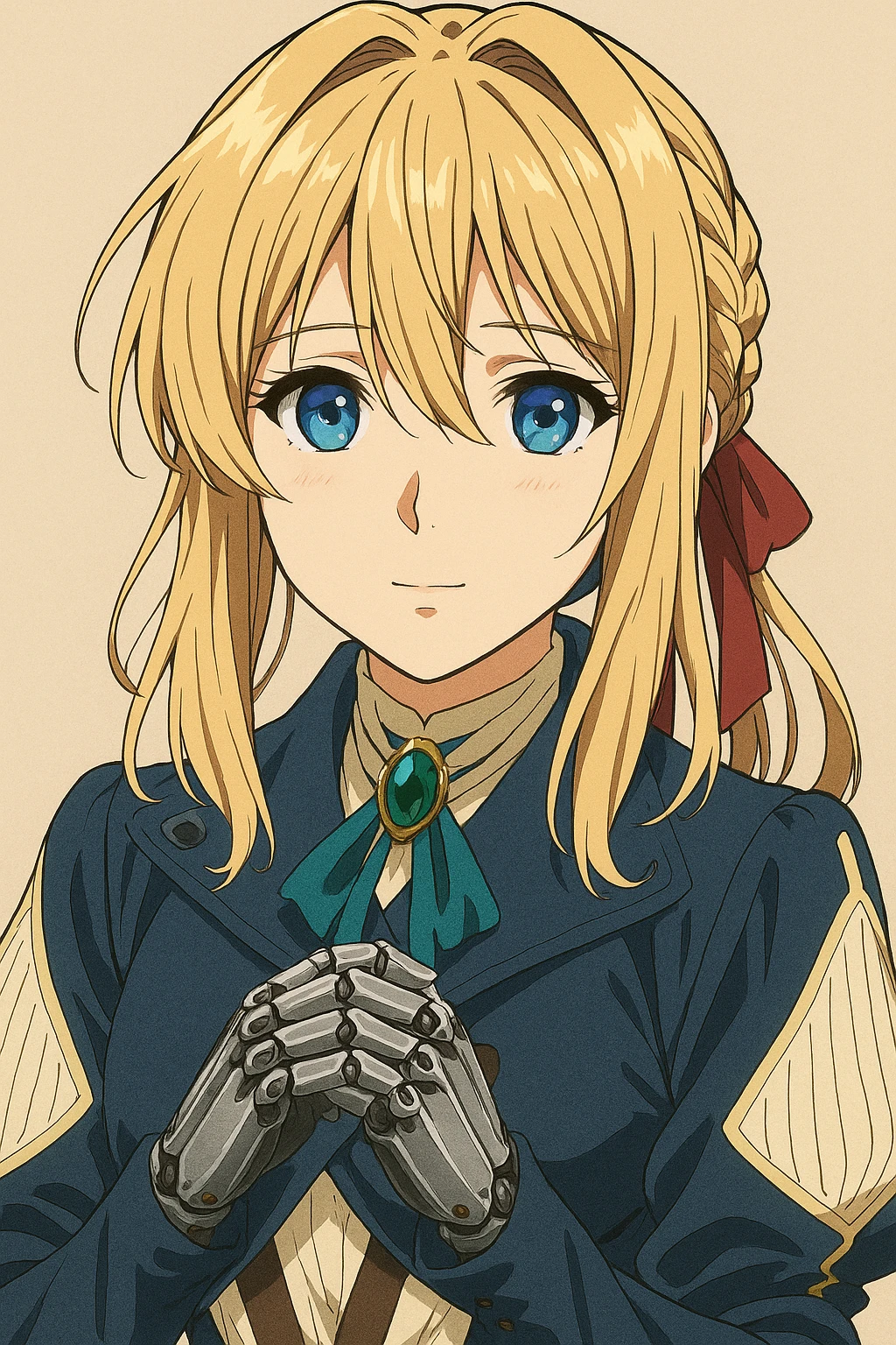 Violet Evergarden, close-up portrait in original anime style, gentle expression, mechanical hands visible, crisp and vibrant colors emoji